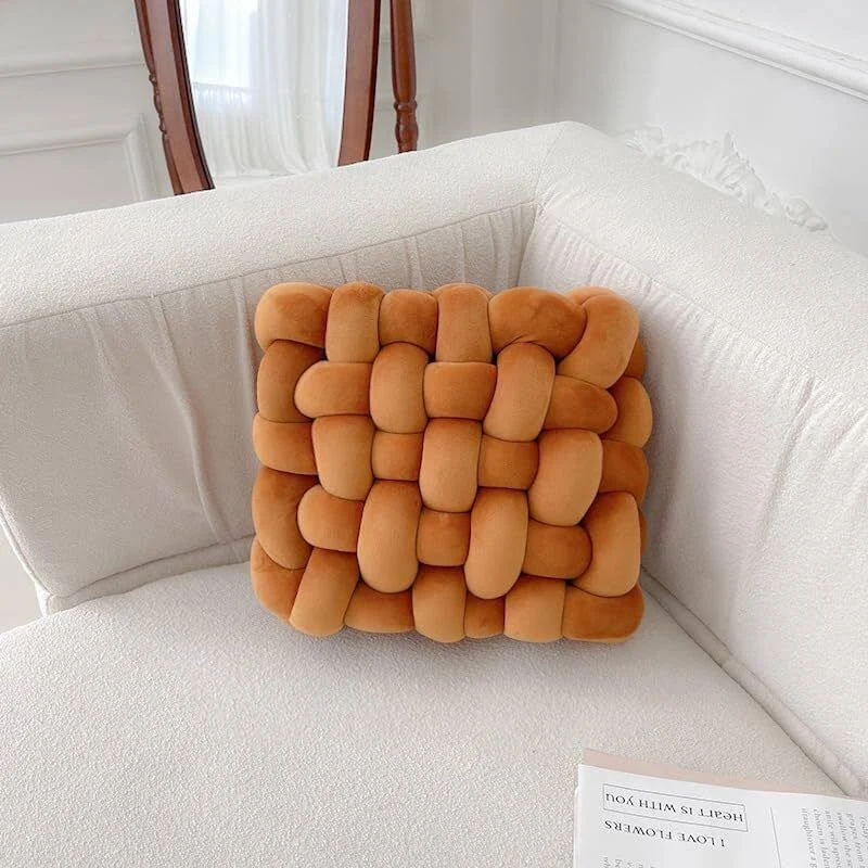 Knot Throw Pillow Home Decoration Cushion, Home Office Sofa Room Decor Yard for Boys Girls, Multicolor Selection Square Decorative Plush Cushion (S-13, Caramel)