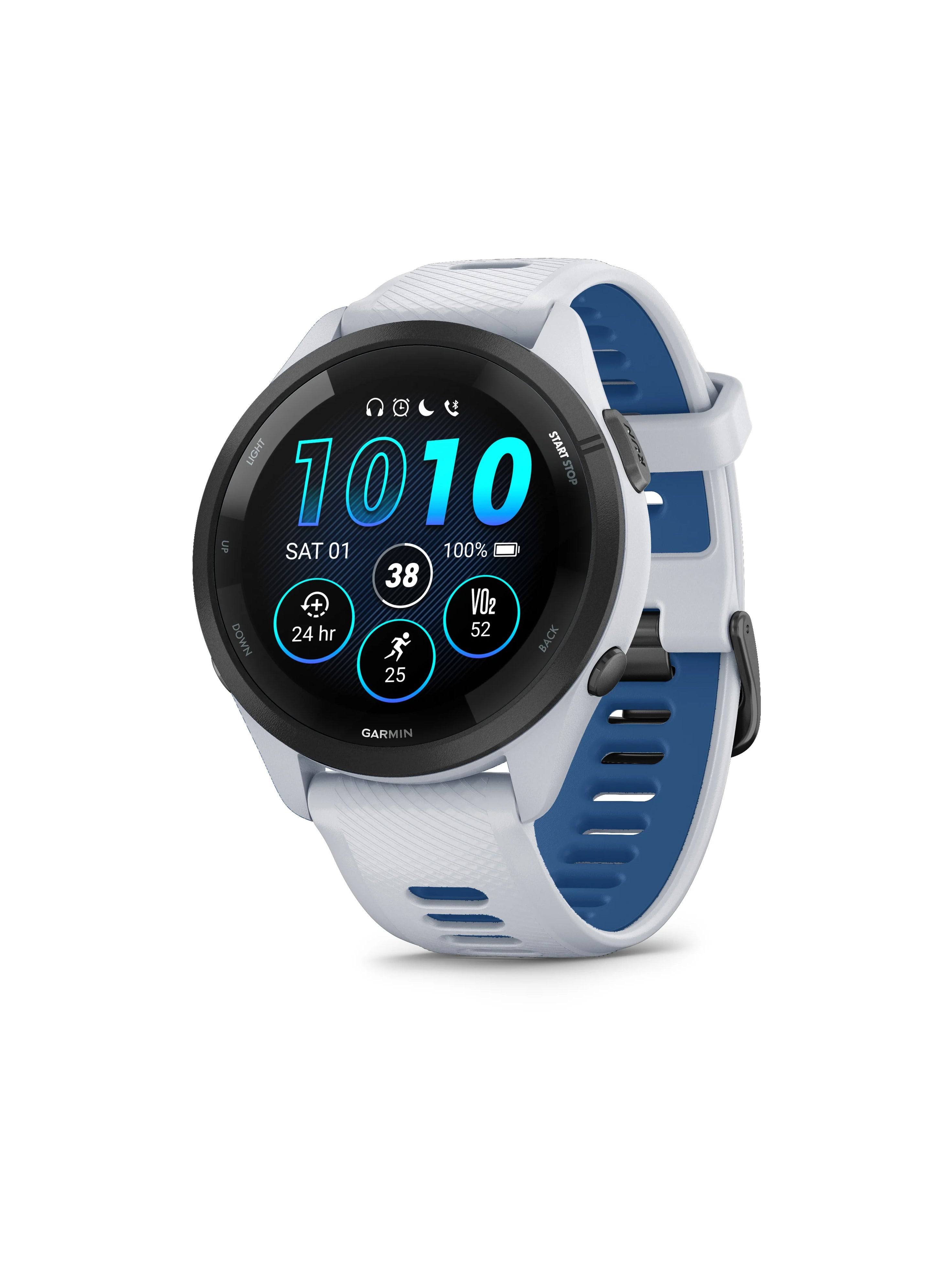 Forerunner 265 Black Bezel with Whitestone Case and Whitestone/Tidal Blue Silicone Band