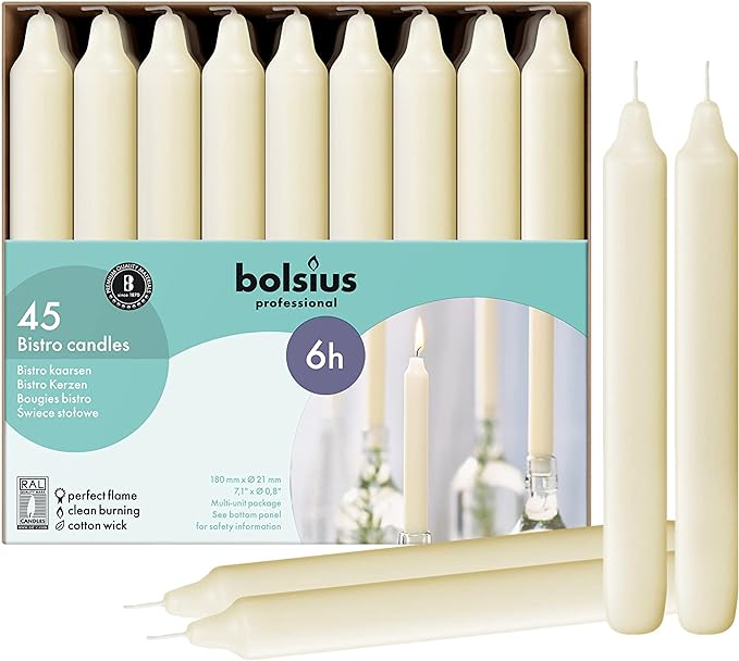 BOLSIUS Ivory Household Candles Bulk Pack 45 Count - Unscented Dripless 7 Inch Dinner Candlesticks - 6+ Hours Burn Time - Premium European Quality - Consistent Smokeless Flame - 100% Cotton Wick