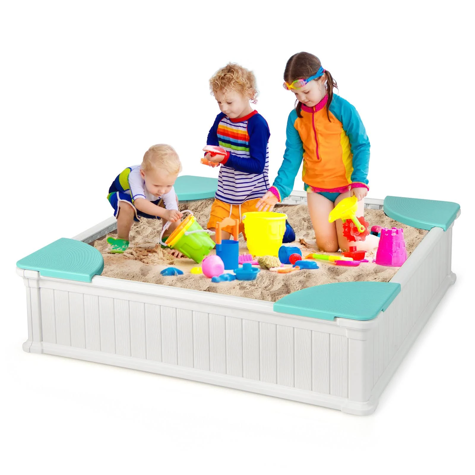 HONEY JOY Kids Sandbox with Cover, 48x48 Inch Large HDPE Sand Pit for Backyard, 4 Corner Seating & Bottom Liner, Sand Protection, All Weather Resistant Sand Boxes for Kids Outdoor (White)