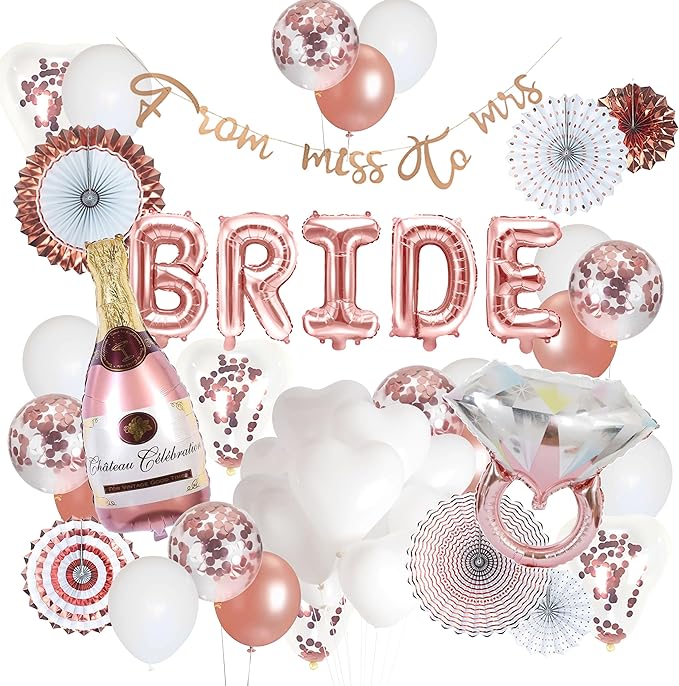 VIDAL CRAFTS Rose Gold Bridal Shower Decorations - Ideal for Bridal Shower & Bachelorette Party Decor with Latex & Confetti Balloons, Bride Banner, Bridal Veil, Fringe Curtains, Bride Sash, and Props