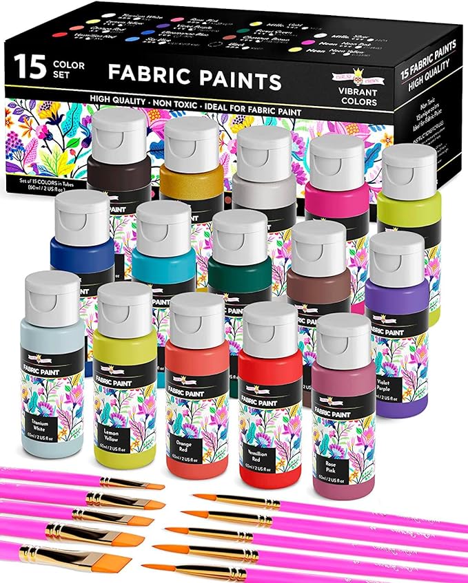 Permanent Fabric Paint for Clothes, 15 Colors - Fabric Paint for Canvas Textile Paint Cloth Paint Fabric Paint Set Fabric Paints Child Safe Paint for Fabric with 10 Brushes & Storage Box (60ml each)