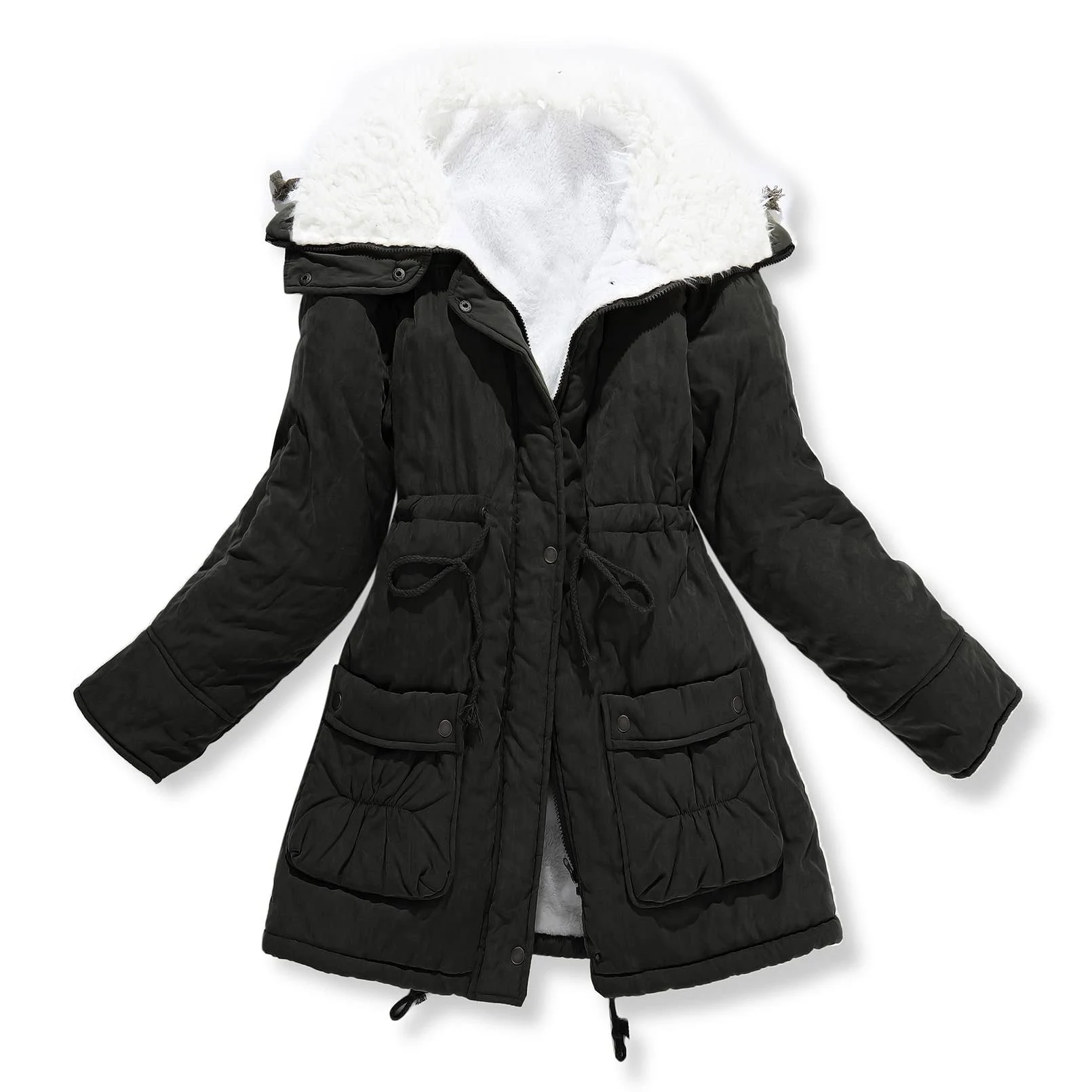 Women&#039;S Winter Mid Length Thick Warm Faux Lamb Wool Lined Jacket Coat