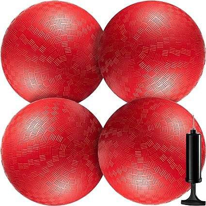 Bedwina Playground Balls Bulk - 8.5 Inch (Pack of 4) Red Rubber Bouncy Inflatable Balls, w/ Air Pump, for Kids & Adults, Indoor & Outdoor Games, Kickballs, Dodgeball, Four Square, Dodge Ball, Handball