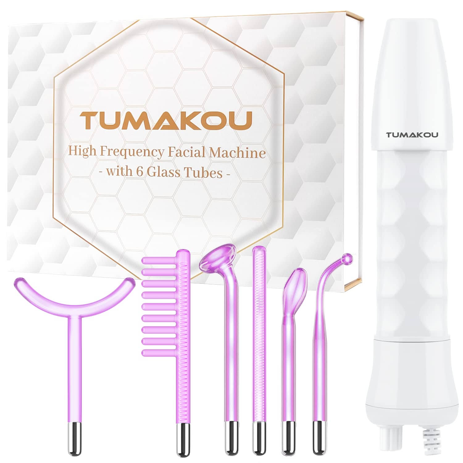 High Frequency Facial Wand - TUMAKOU Portable Handheld Violet High Frequency Facial Skin Machine Device - with Different 6 Purple Glass Tubes