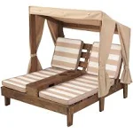 KidKraft Wooden Outdoor Double Chaise Lounge with Cup Holders, Patio Furniture for Kids or Pets, Espresso with Oatmeal and White Striped Fabric