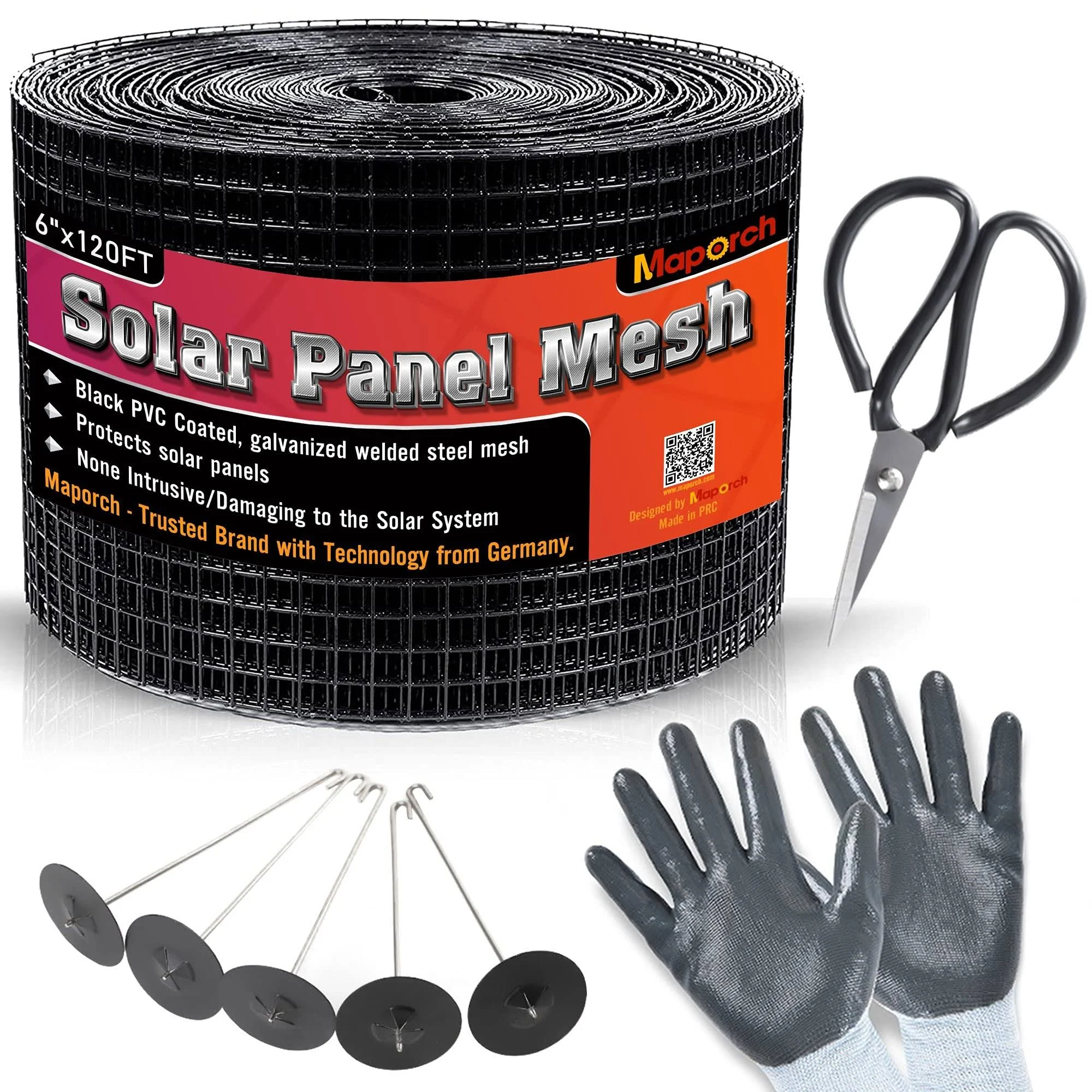 MAPORCH 6"x120FT Solar Mesh Screen for Bird Proofing Solar Panels, Solar Panel Bird Guard & Black PVC Coated Galvanized Steel with 60 Fastener Solar Panel Clips, Cutting Scissor & Gloves Included