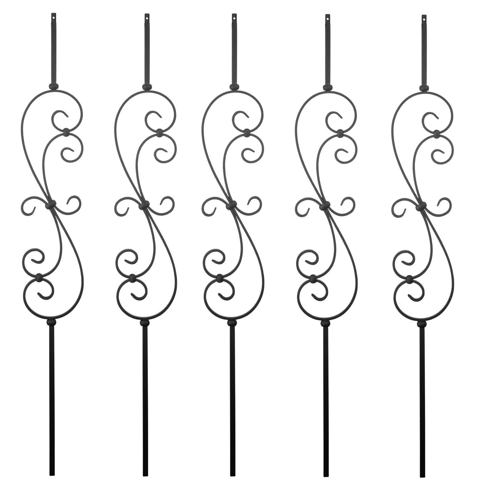 S10 - Wrought Iron Balusters – Set of 5 Deck Balusters - Decorative Metal Balusters for Decks – "S" Scroll - 1/2-inch Hollow Iron Spindles – Satin Black Metal Railing