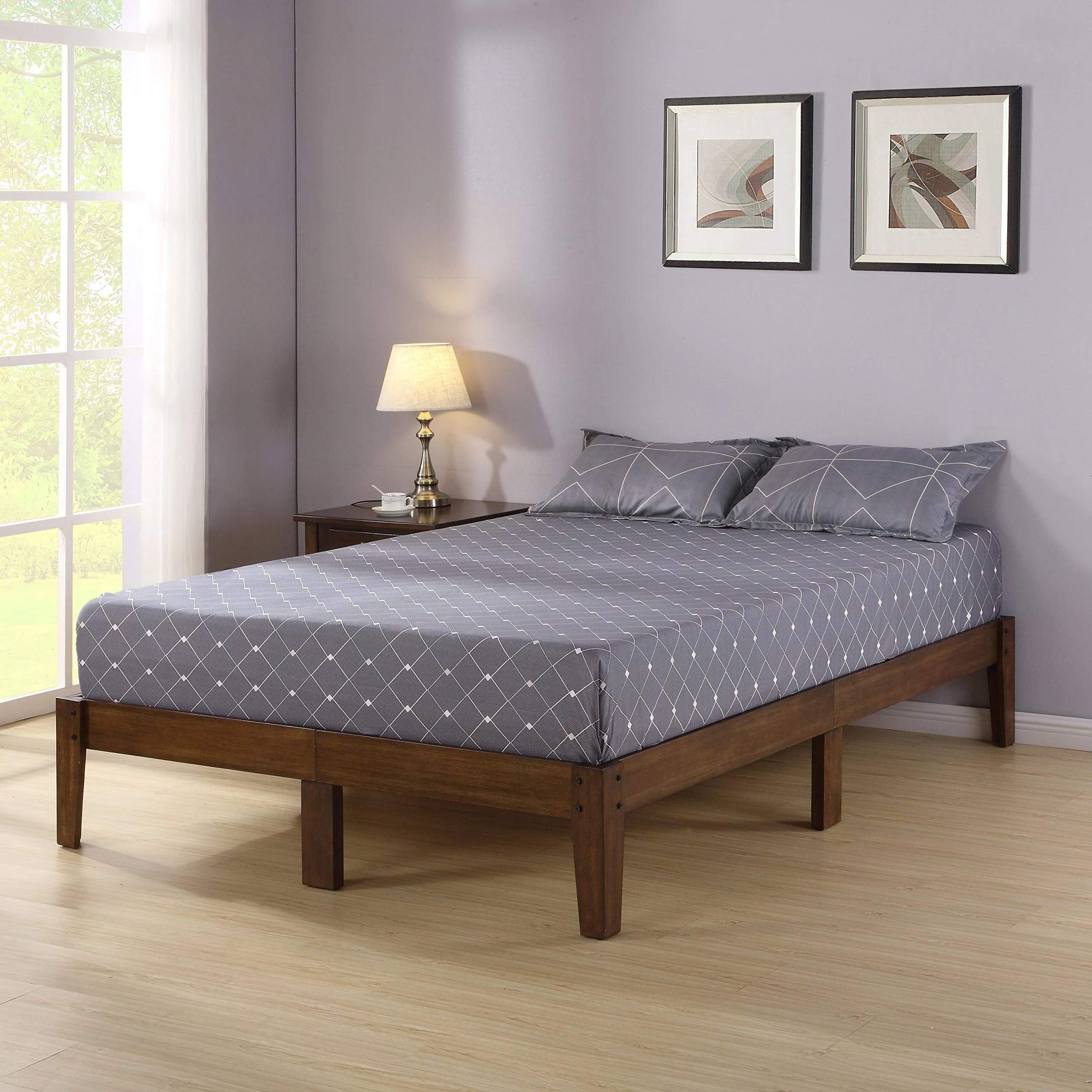 Olee Sleep Smart Wood Platform Bed Frame Queen Light Brown