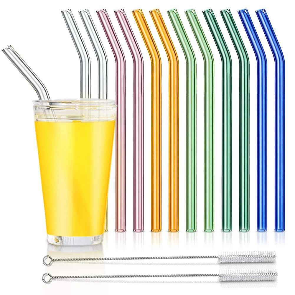 Reusable Glass Straws, Bent Glass Drinking Straws with 2 Cleaning Brushes, Colorful Straws for Smoothies, Milkshakes, Juice(Multicolor, 12 Pack), Size