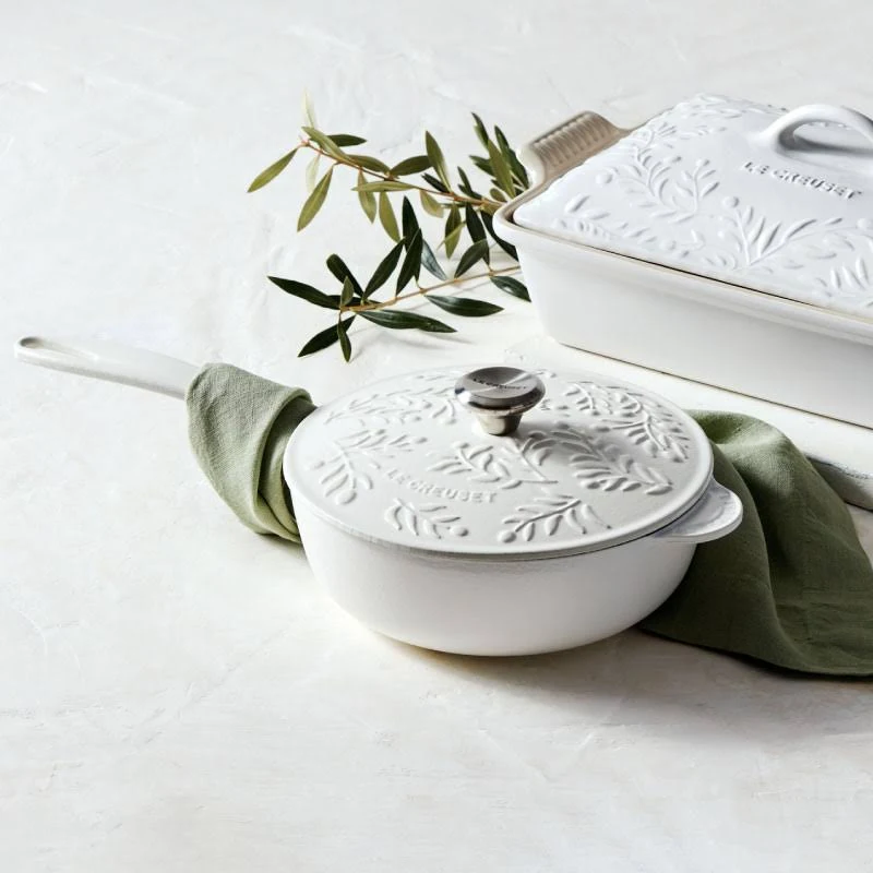 Le Creuset Olive Branch Collection Saucier | Enameled Cast Iron Matte White, 2.25 qt.