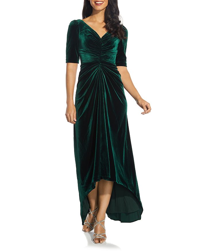 Shirred Velvet Gown With Elbow-Length Sleeves In Emerald