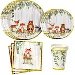 YARA 96 Piece Woodland Animals Baby Shower & Birthday Party Supplies For Boy & Girl Decorations with disposable paper plates napkins and cups of Forest Creatures Fox Theme Tableware Set Serves 24