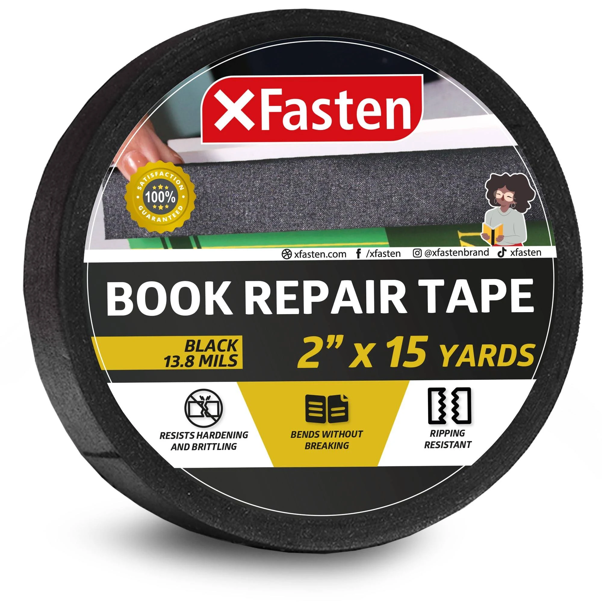 XFasten Book Binding Repair Tape, Black, 2-Inch by 15-Yard, Cloth Library Book Hinging Repair Tape, Acid Free and Archival Safe