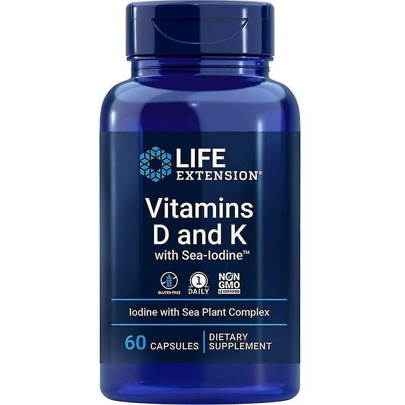 Life Extension Vitaminas D y K con yodo de mar, soporte de hueso, cerebro, tiroides y arterial, sin OMG, una vez al día, sin gluten, 60 cápsulas