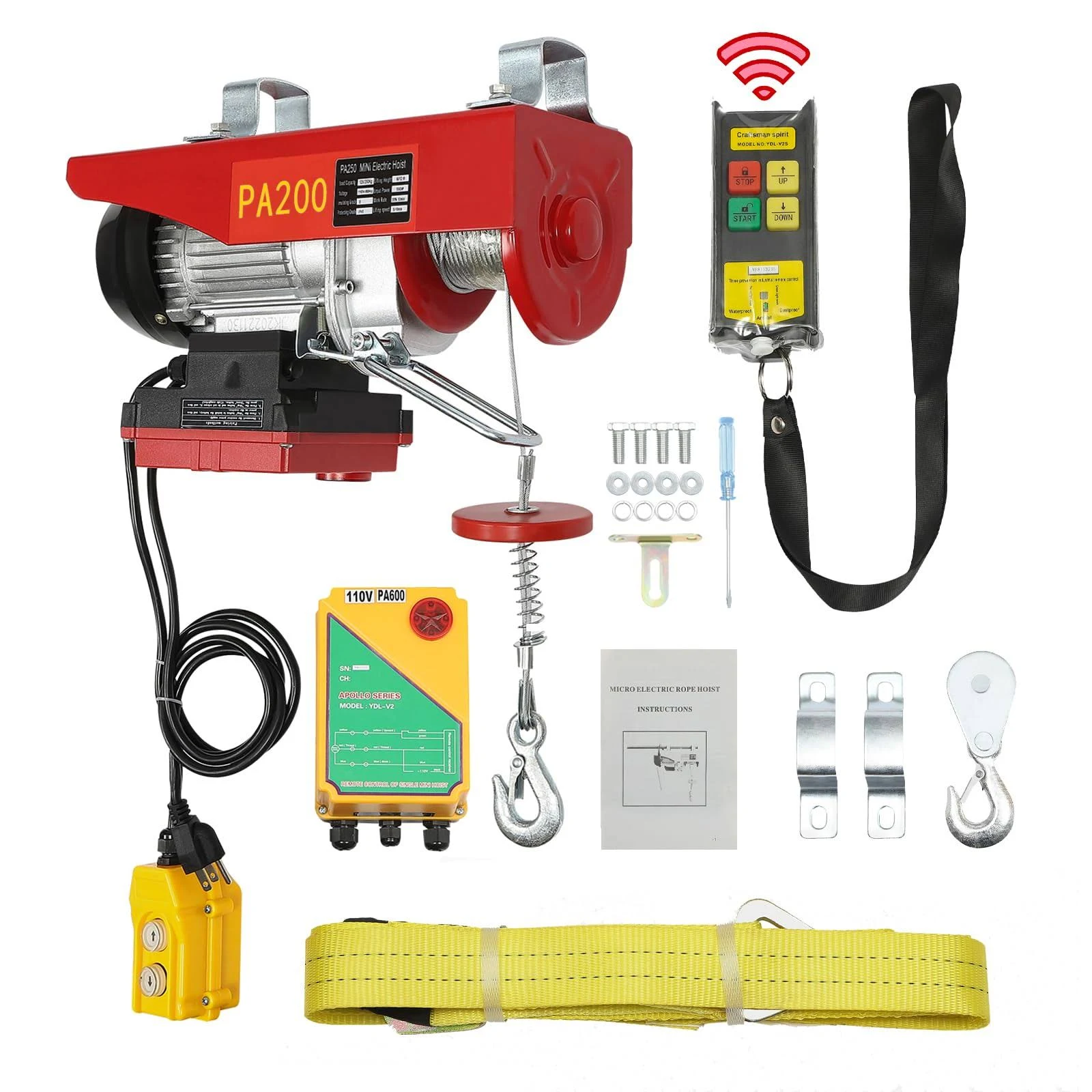 Wireless 2in1 Electric Hoist with 440 LBS Capacity - Remote Control & Single/Double Slings Steel Winch 110V Lift for Factories Warehouses, Construction Sites (PA-200), Red