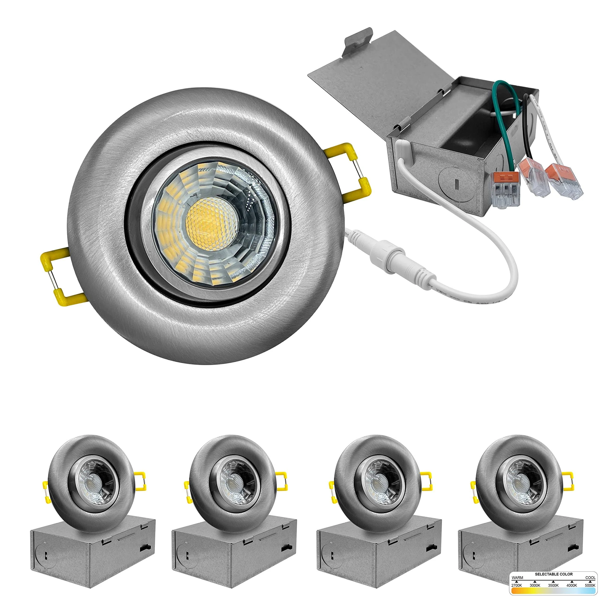 NuWatt 3 in. LED Brushed Nickel Eyeball Gimbal Canless Integrated LED Recessed Light Kit Dimmable 5 CCT 2700K to 5000K (4-Pack) NW-GMB-3-5CT-N-R-4P