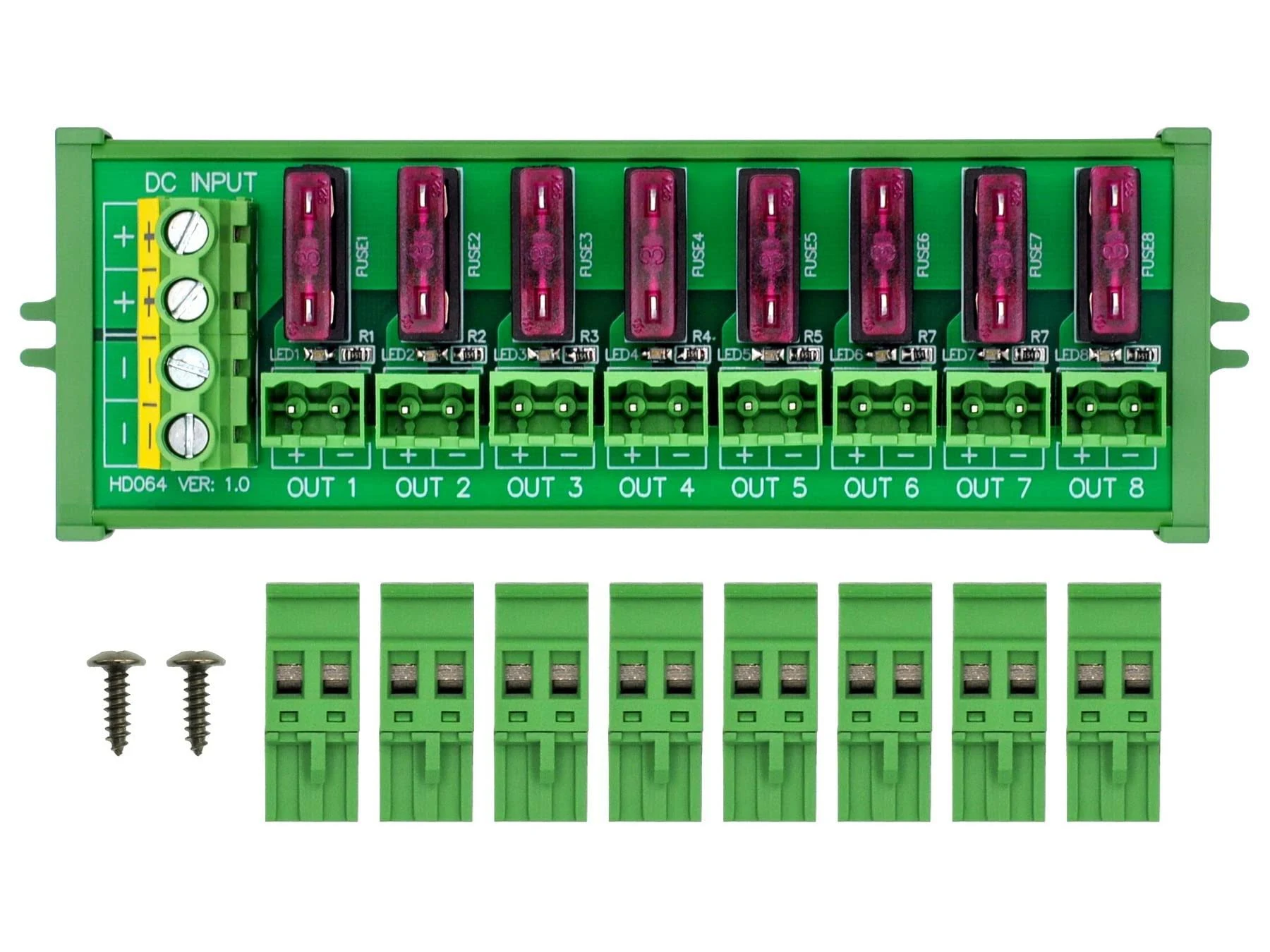 Screw Mount DC 5-32V 8 Channel Pluggable Side Wiring Terminal Block Power Distribution Fuse Module, HCDC HD064RP