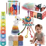 5 in 1 Baby Toys 6 to 18 Months, Montessori Sensory Toys for Babies, Infant Toys Set Includes Shape Sorter, Baby Tissue Box, Pull String Toys, Soft Stacking Rings, Stacking Cups, Gifts for Boys Girls