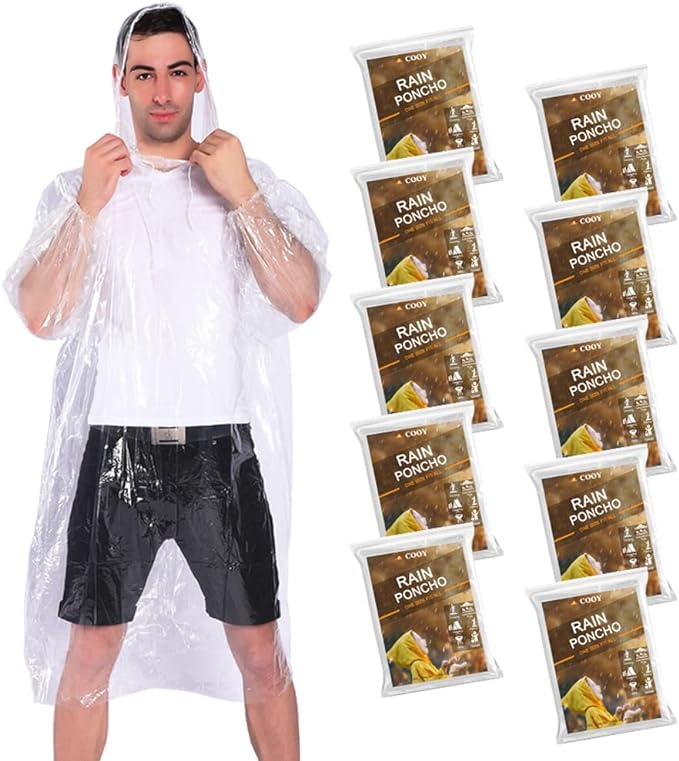 COOY Rain Ponchos,with Drawstring Hood (10 Pack) Emergency Disposable Rain Ponchos Family Pack for Adults,Clear