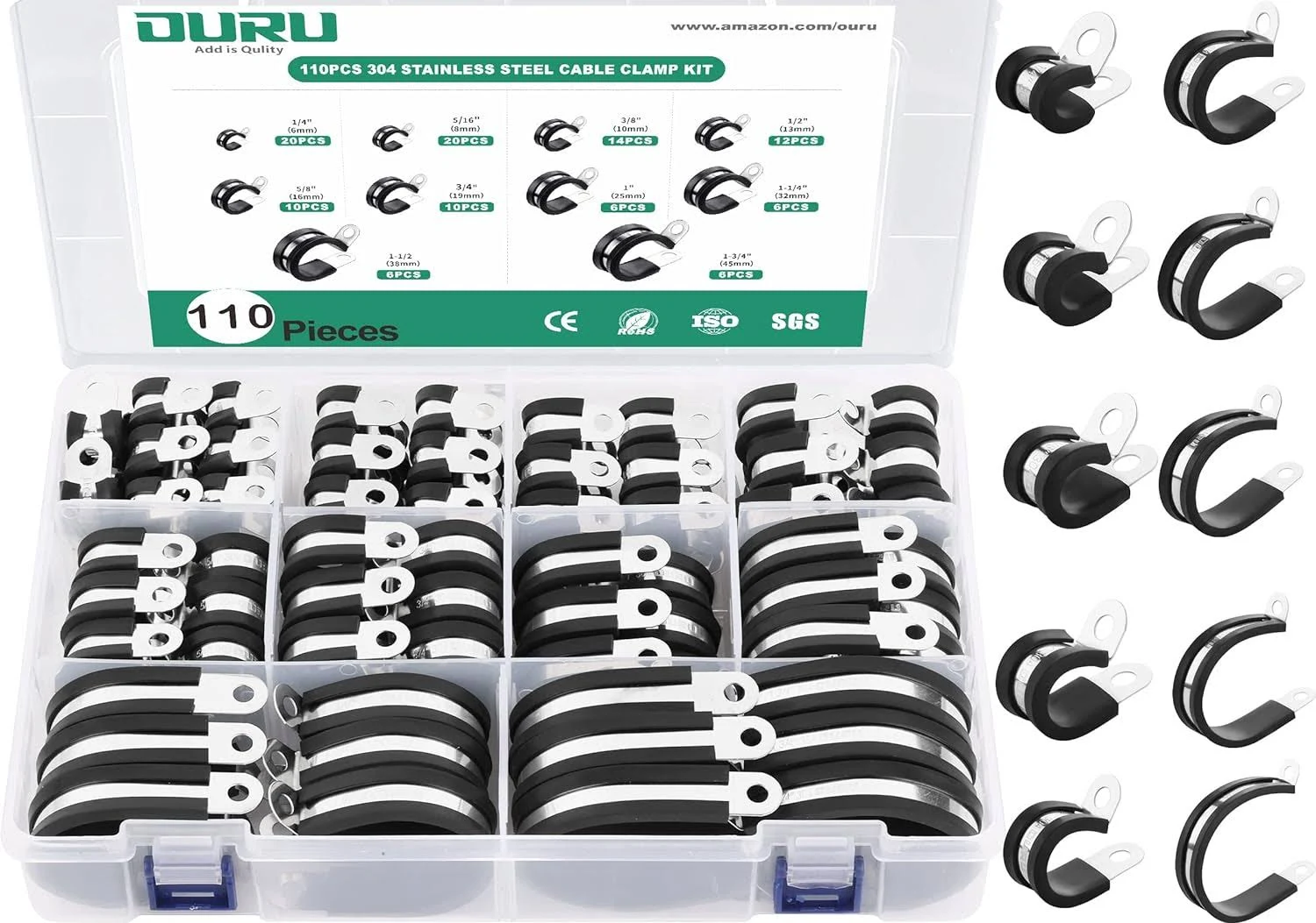 OURU 110pcs Cable Clamps Assortment Kit,10 Sizes-1/4" 5/16" 3/8" 1/2" 5/8" 3/4" 1" 1-1/4" 1-1/2" 1-3/4" Stainless Steel Rubber C