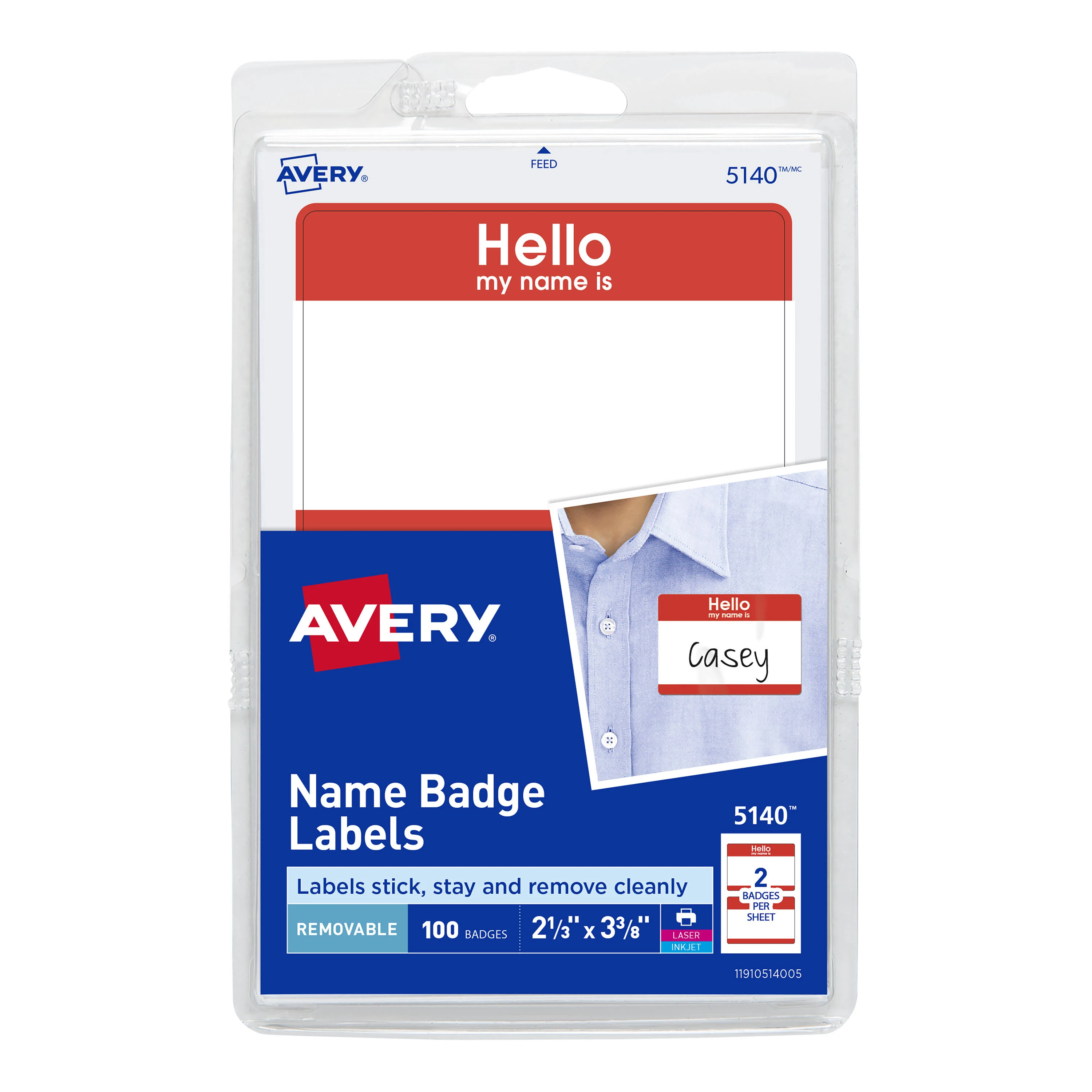 Avery Hello Name Badge Labels, 2 11/32" x 3.375", Red - 100 count