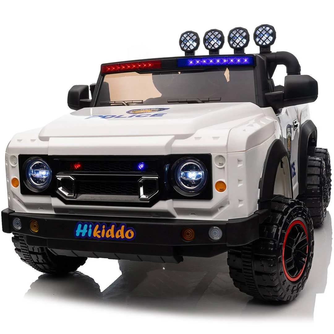 Hikiddo 24V Kids Electric Police Car, 4WD 2 Seater Powered Ride on Toy Truck with Remote, Megaphone