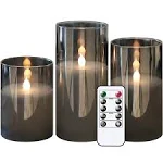 GenSwin Gray Glass Battery Operated Flameless Led Candles with 10-Key Remote and Timer, Real Wax Candles Warm White Flickering Light for Home Decoration(Set of 3)