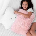 Set of 2 Decorative Pillows for Girls, Toddler Kids Room. Star Pillow Fluffy White Embroidered and Furry Pink Faux Fur Pillow. Soft and Plush Girls