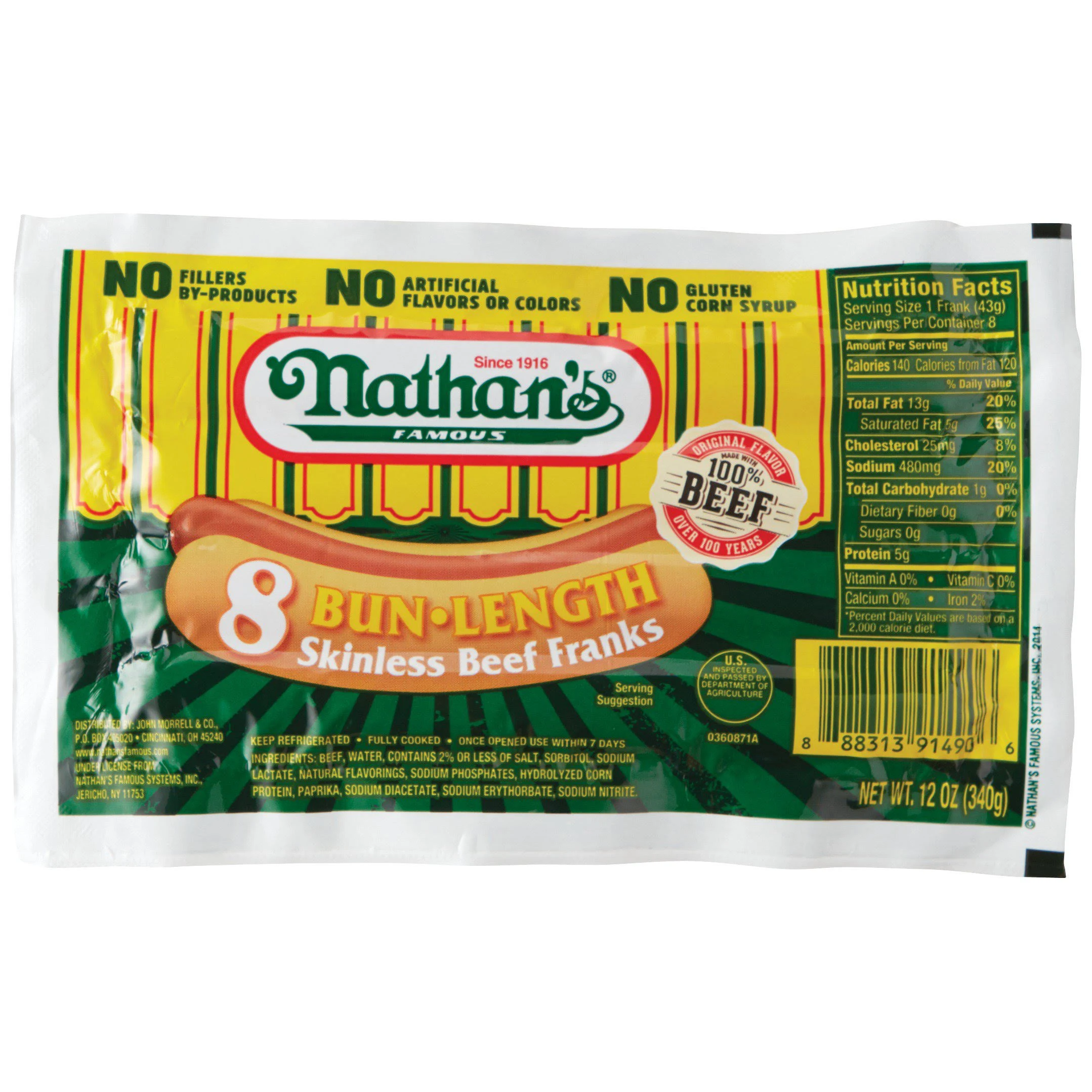 Nathan's Famous Beef Franks, Skinless, 8 Bun Length