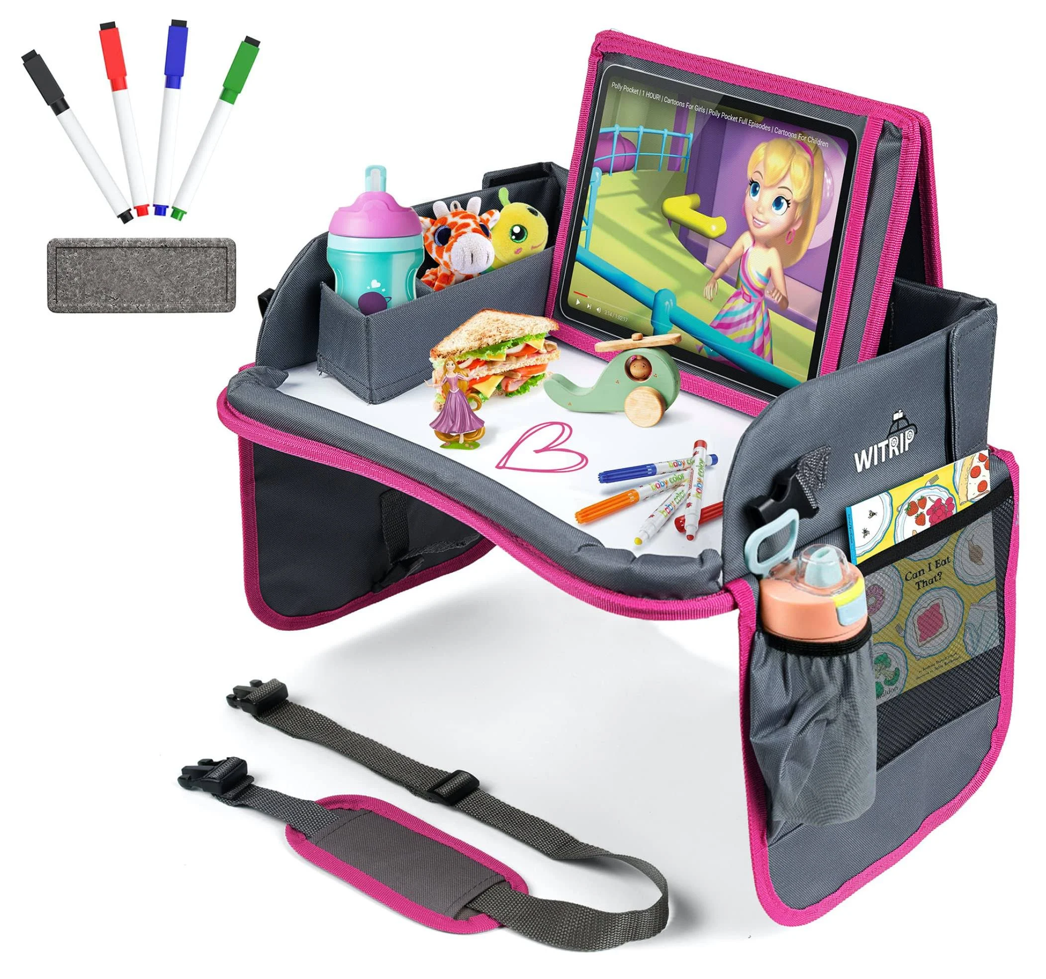 Kids Travel Tray with Dry Erase Board, Car Seat Lap for Food & Play Activity, Carseat Table Trays for Toddler, Kid Activity Desk for Air Travel, No-Drop Tablet Holder & Borders (Grey with Pink Frame)