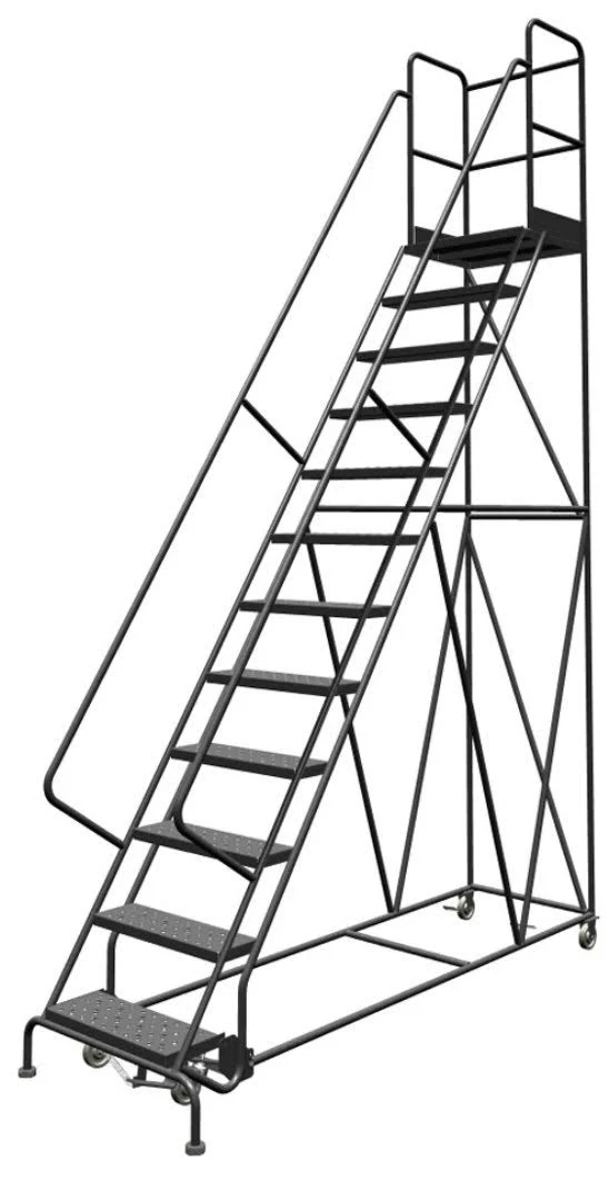 Tri-Arc KDSR112246-D2 12-Step 20" Deep Top Steel Rolling Industrial & Warehouse Ladder with Handrails, 24" Wide Perforated Tread