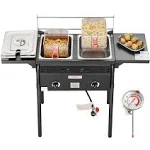 VEVOR Outdoor Propane Deep Fryer, Double Burners Commercial Fryer, 16 Qt Stainless Steel Cooker with Removable Baskets & Lids & Tanks, Oil Fryer Cart with Thermometer & Regulator, For Outdoor Cooking