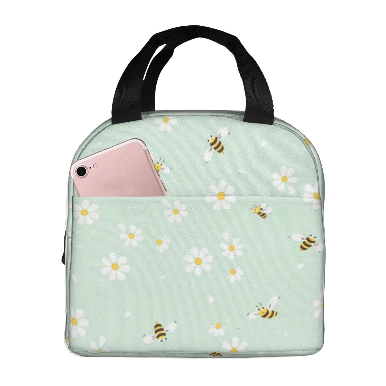 Green Daisy and Flower Lunch Bag for Women Men, Kawaii Animal Bee Insulated Lunch Box Container with Frond Pocket for Work Picnic Travel