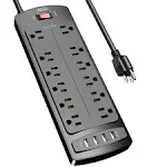 Power Strip Alestor Surge Protector with 12 Outlets and 4 USB Ports 6 Feet Extension Cord (1875W/15A) 2700 Joules ETL Listed Black