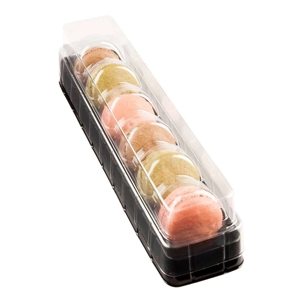 Restaurantware Shock Safe 11 x 2.4 x 2 Inch Macaron Take Out Boxes 100 Durable Display Boxes - Fits 6 Macarons Disposable Black PET Plastic Macaron Boxes Shockproof Clear Lid And Cover