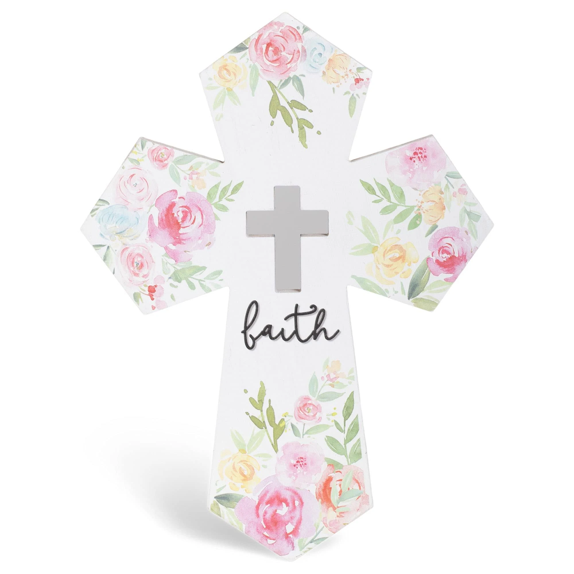 Dicksons Faith Cutout Floral White and Pink 13.75 inch MDF Wood Hanging Wall Cross