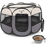 SereneLife On-The-Go Foldable Portable Pet Tent 8-Panel Playpen for Dog & Cat w/Food/Water Bowl, Mesh Exercise Puppy Playground, Pet House Indoor & Outdoor, Travel & Camping Pet Kennel (Grey, Medium)