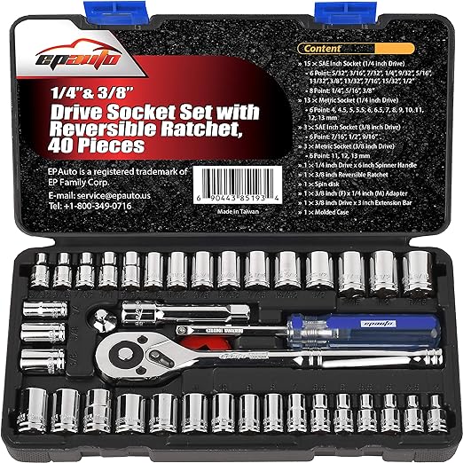 EPAuto 40 Pieces 1/4-Inch & 3/8-Inch Drive Socket Set with 72 Tooth Reversible Ratchet