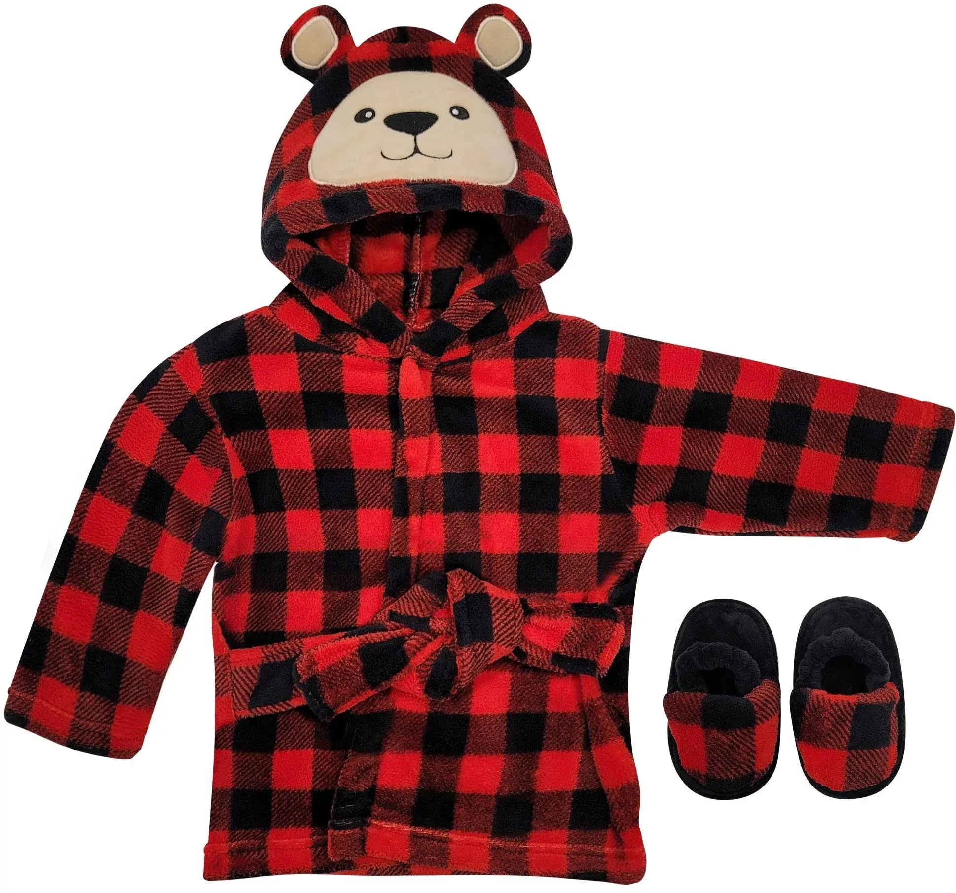 Rising Star Buffalo Plaid Bear Boys and Girls Bathrobe Towel & Slippers, Bath Robe Spa Set for Infants 0-9 Months