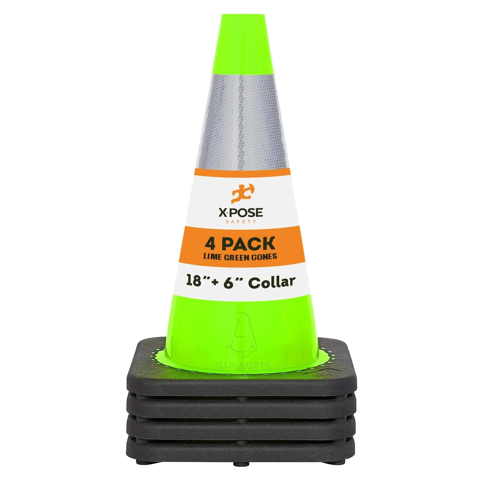 18” Lime Green Traffic Cone - 6&#034; Reflective Collar – 4 Pack