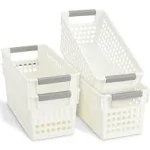 Farmlyn Creek 4 Pack White Plastic Baskets with Gray Handles, Narrow Storage Bins for Organizing, Kitchen and Bathroom Shelves, Small Nesting