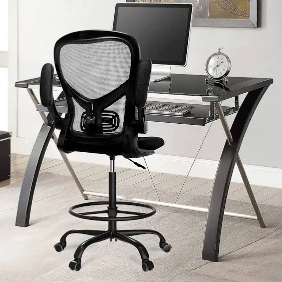 dreamlify Drafting Chair,Tall Standing Desk Chair Comfortable Office Chair with Foot Ring Flip-up Padded Arms Height Adjustable Computer Task Chair Ergonomic Mesh Mid-Back Desk Chair,Black