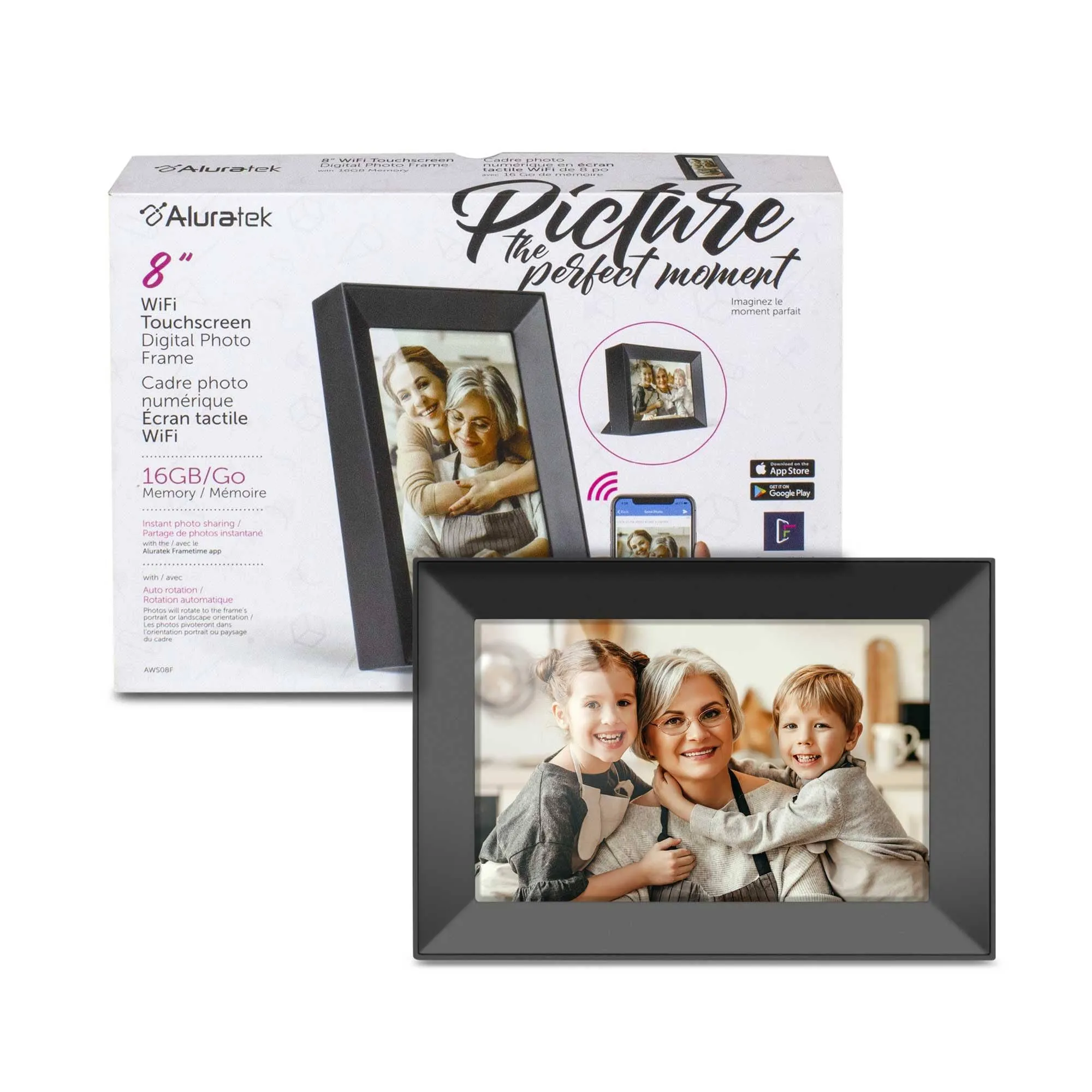 Aluratek 8&#039;&#039; WiFi Touchscreen Digital Photo Frame with Auto Rotation and 16GB