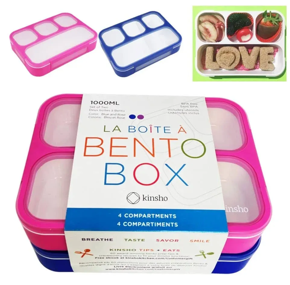 Bento Lunch-Box for Kids and Adults: Leakproof Lunch Boxes with 4 Compartments, Divided Containers for Boys Girls Women Men - School Work Portion Container, Utensils, Blue + Rose Pink Set