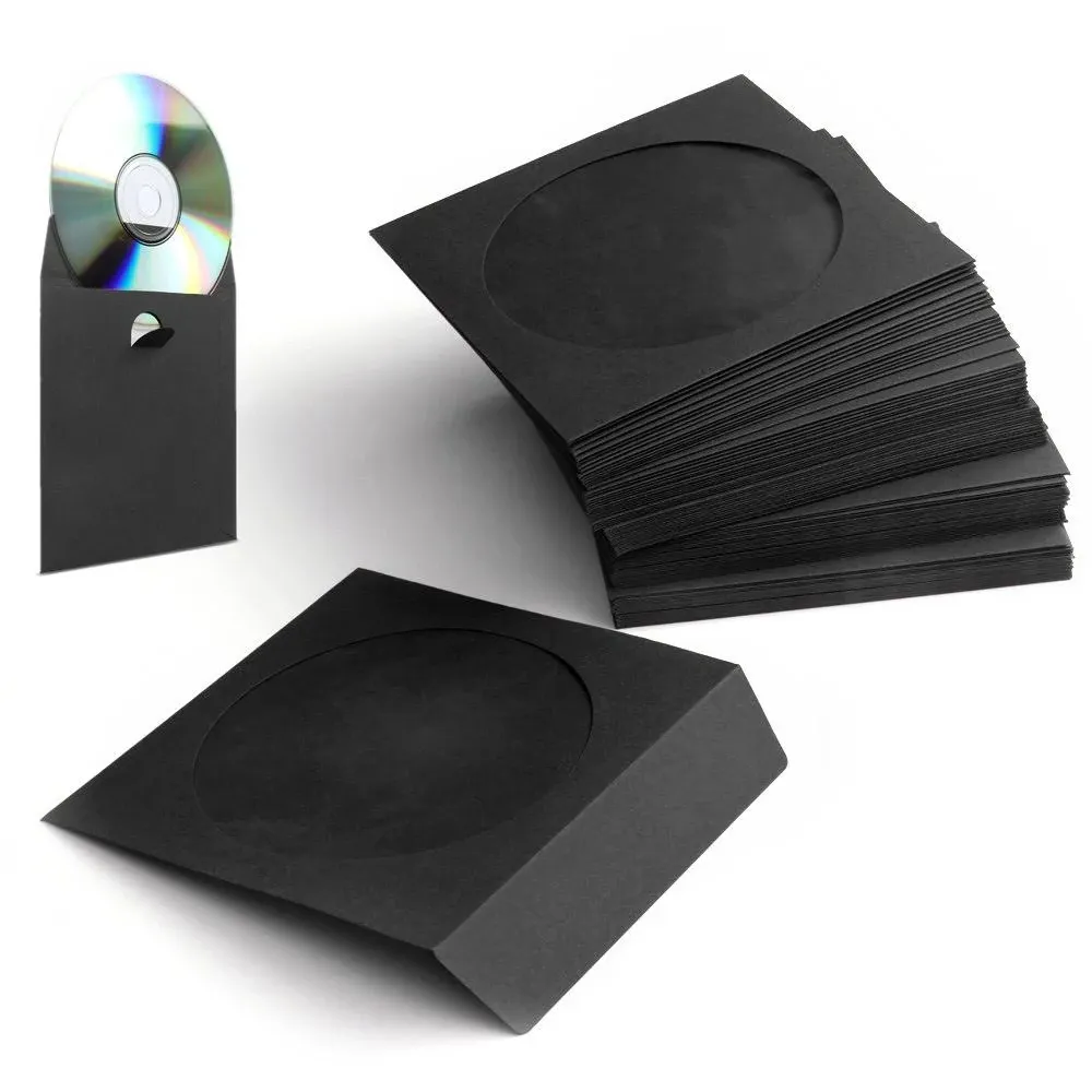 Flexzion DVD CD Sleeves 100 Pack - Premium Paper CD Sleeves for Blank CDs for Burning Music Movie Video Game Disc - Thick Disc Sleeve CD Envelopes Storage with Window Cutout and Flap, Black