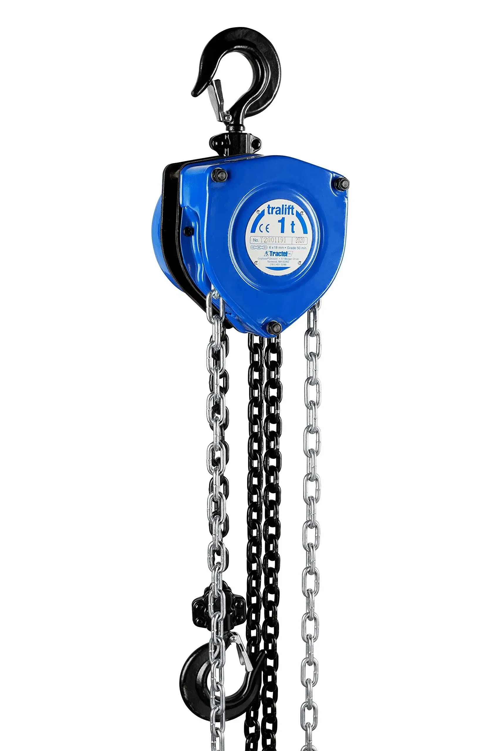 Tractel Manual Chain Hoist | 1 Ton - 2000 lbs Capacity | 40 ft Steel Chain | Industrial-Grade Steel for Construction, Workshops, Garages | Tralift 19723