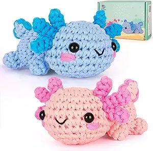 Crochet Kit for Beginner, Crochet Starter Kit w Step-by-Step Video Tutorials, Crochet Kit for Beginners, Beginner Crochet Kit for Adults Kids Women Men Complete Kit Included (Axolotl 2Pack)