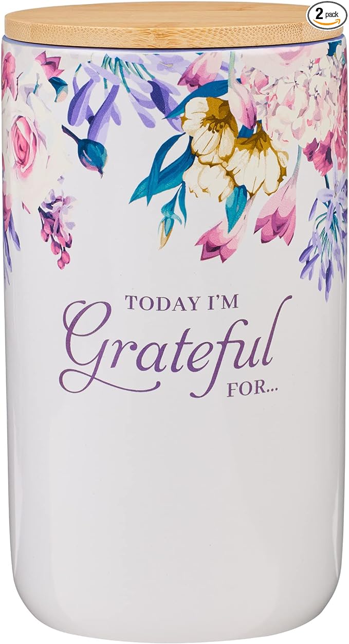 Christian Art Gifts Keepsake Count Your Blessings Ceramic Gratitude Jar Set w/Bamboo Lid: Today I'm Grateful For - 365 Bible Verse Note Cards for Thankfulness, Multicolor Flowers, Purple/Pink Floral