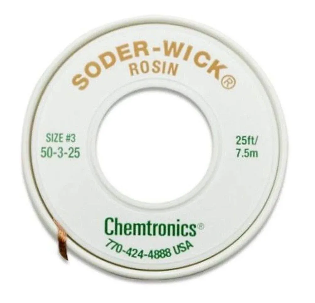 Chemtronics 50-3-25 Soder-Wick Rosin Desoldering Braid Green, .080&quot; x 25&#039; Spool